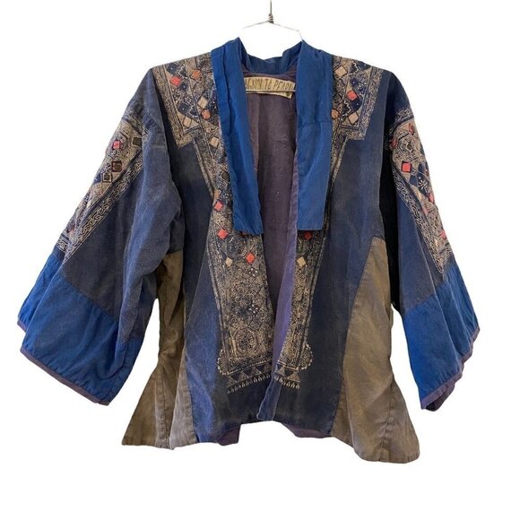 Magnolia Pearl Women’s Patch Cardigan Jacket Coat Blue Art Boho 3/4 Sleeve